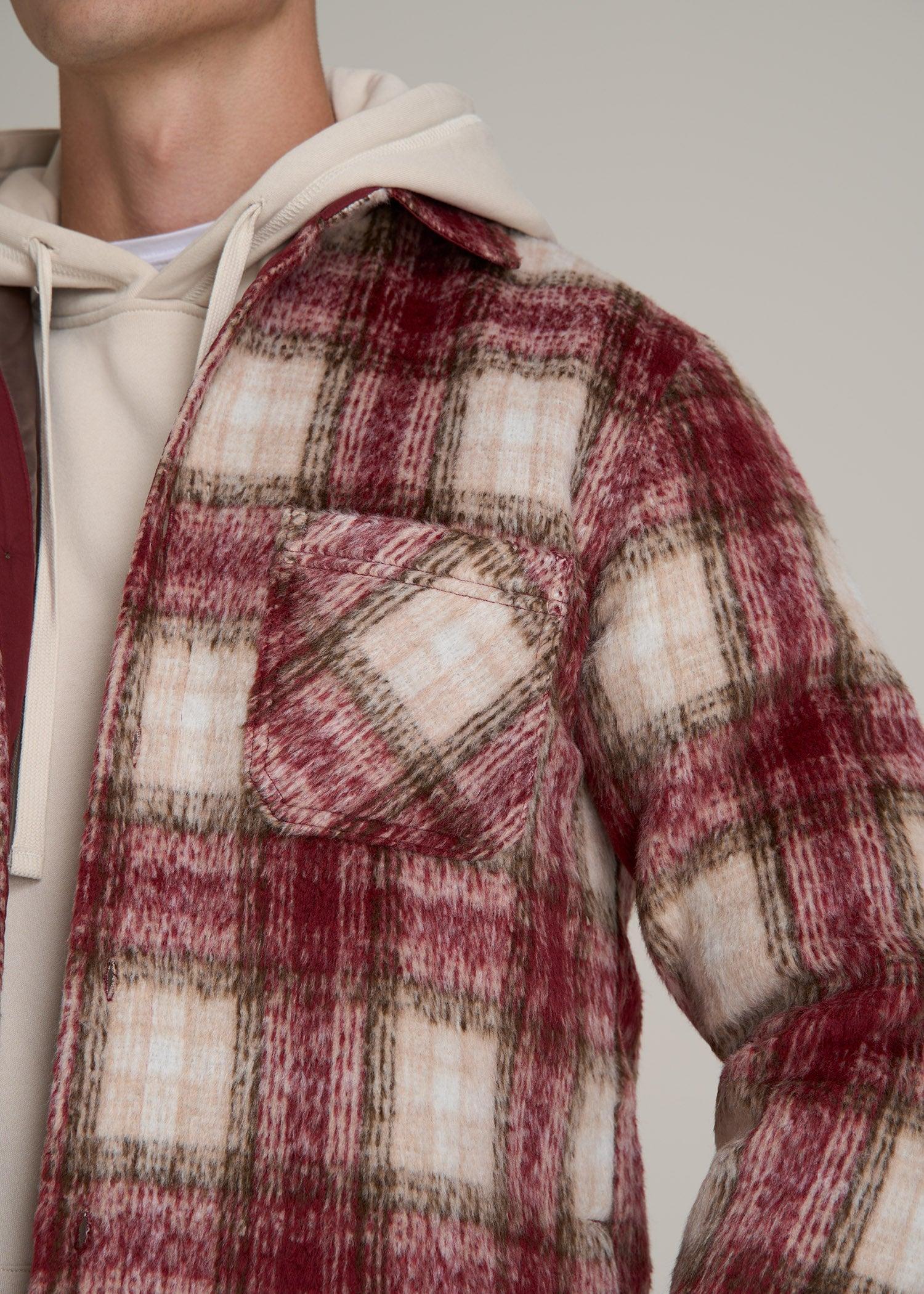 Brushed Flannel Overshirt for Tall Men in Ecru and Red Plaid Product Image