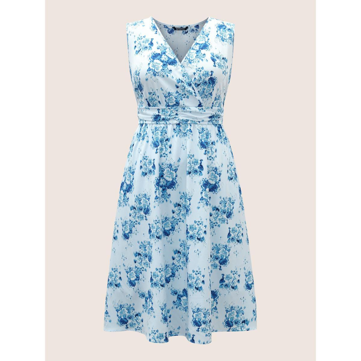 Plus Size Overlap Collar Floral Sleeveless Ruched Dress LightBlue Women Elegant Gathered Overlap Collar Sleeveless Curvy Midi Dress BloomChic 12/L Product Image