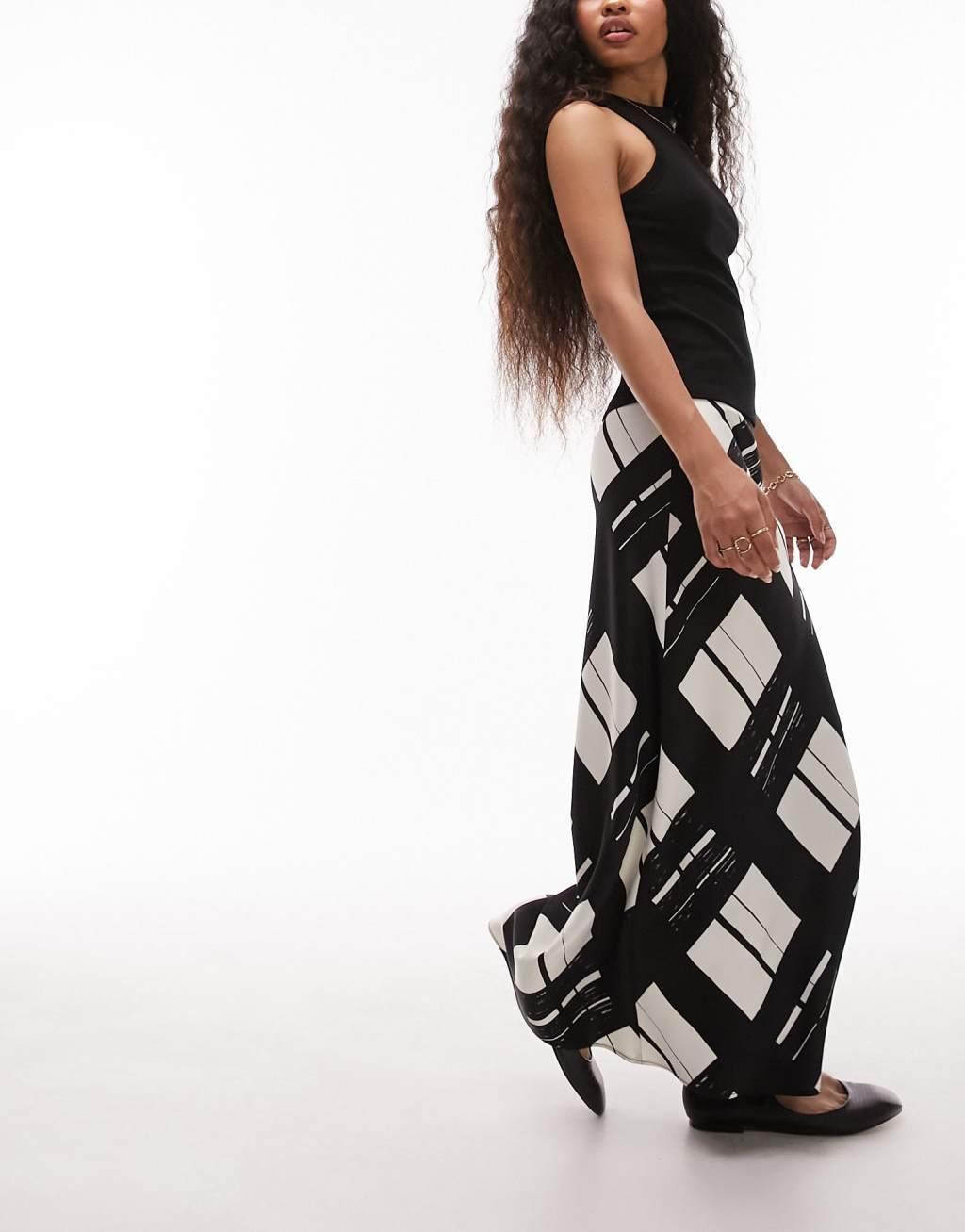 Topshop Petite satin bias skirt with printed check Product Image