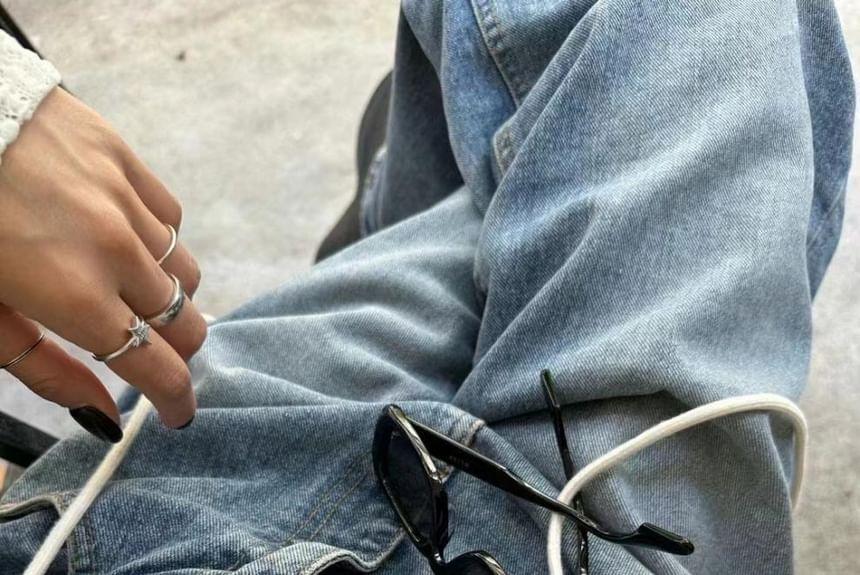 High Rise Drawstring Washed Loose Fit Jeans Product Image