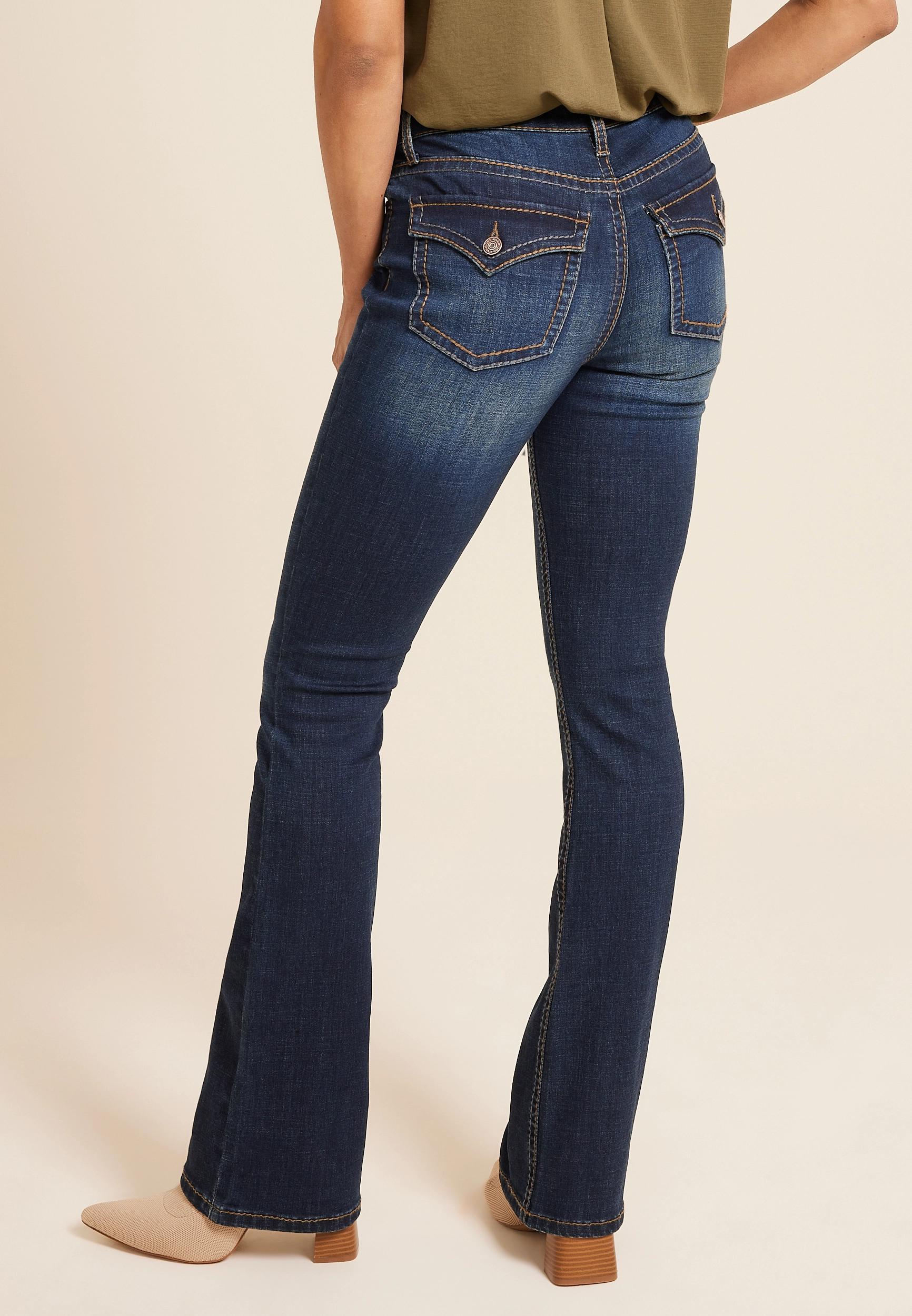 Maurices Womens Dark Crosshatch Mid Rise Thick Stitch Bootcut Jeans Product Image