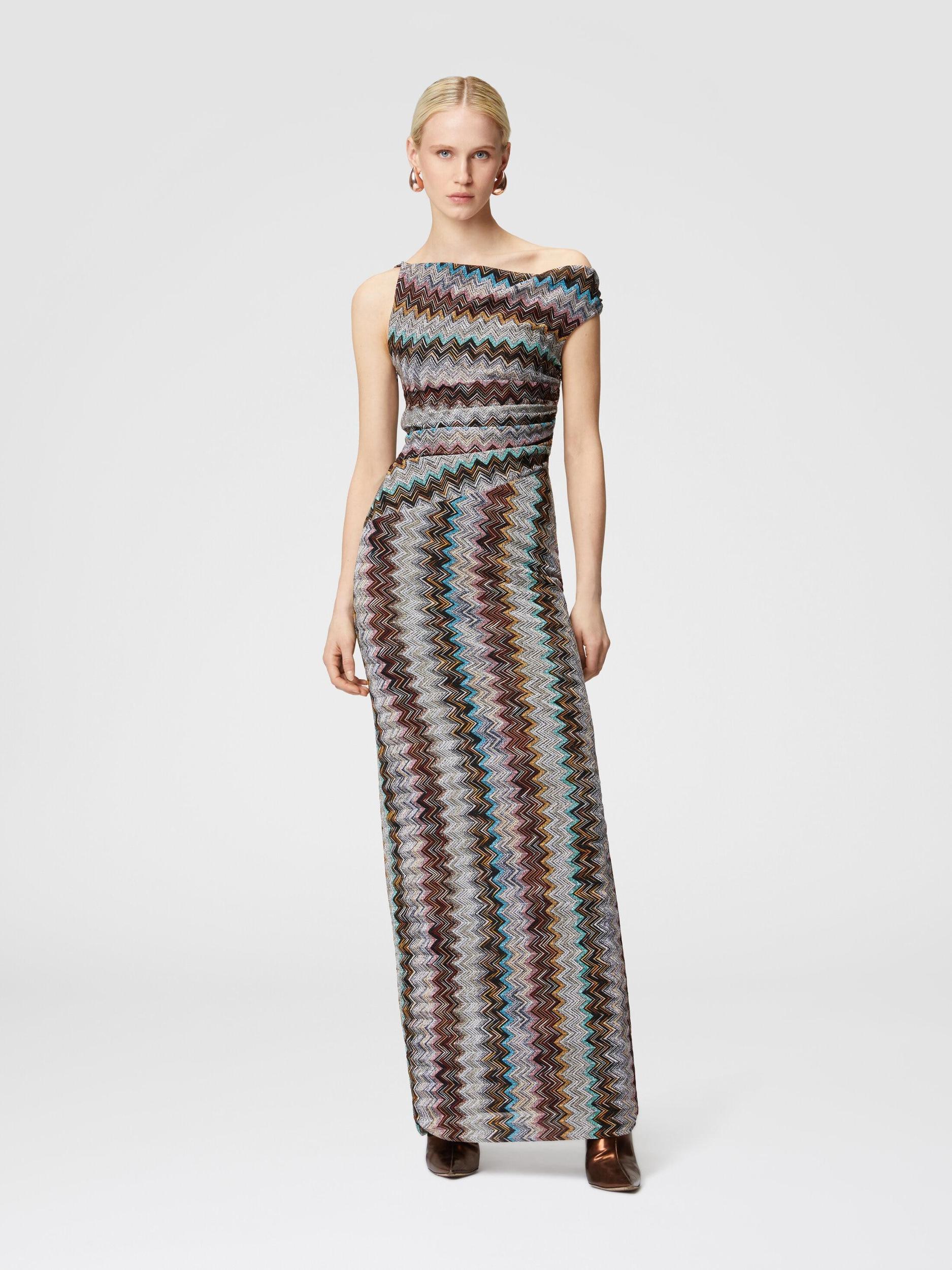 Long zigzag lamé dress with asymmetrical neckline Product Image