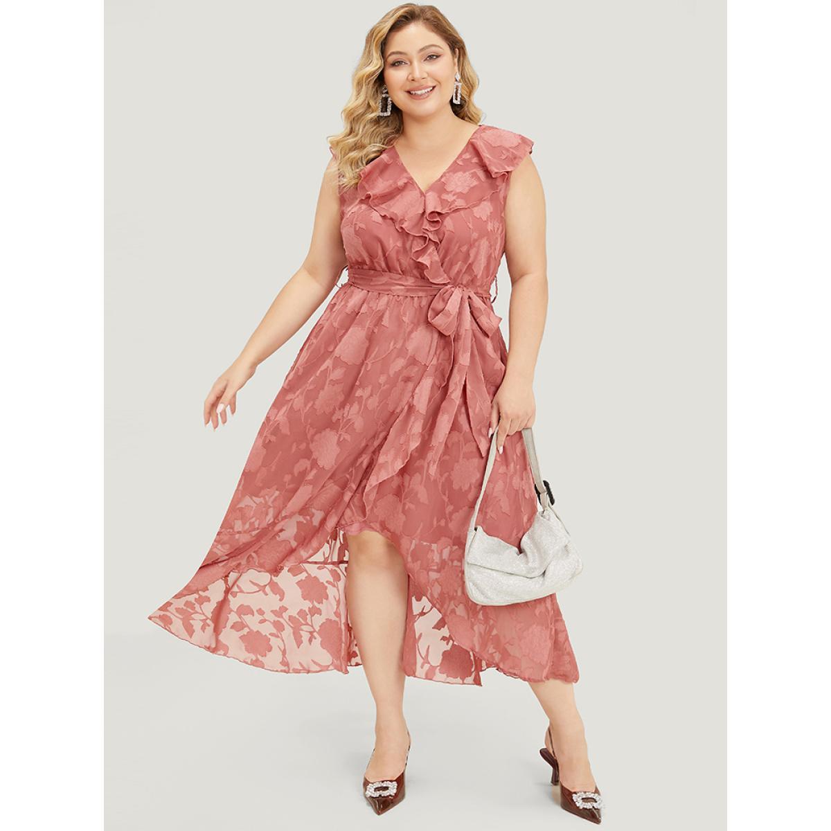 Plus Size Floral Print Ruffle Trim Wrap Belted Asymmetrical Tank Dress DustyPink Women Glamour Lined V-neck Sleeveless Curvy Midi Dress BloomChic 10/M Product Image