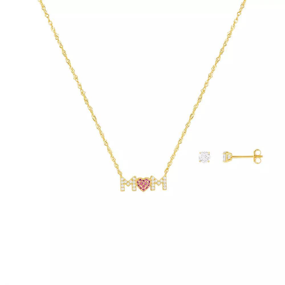 PRIMROSE 18k Gold Plated Pink & White Cubic Zirconia MOM Necklace & Stud Earring Set, Women's, Size: 18", Gold Tone Product Image