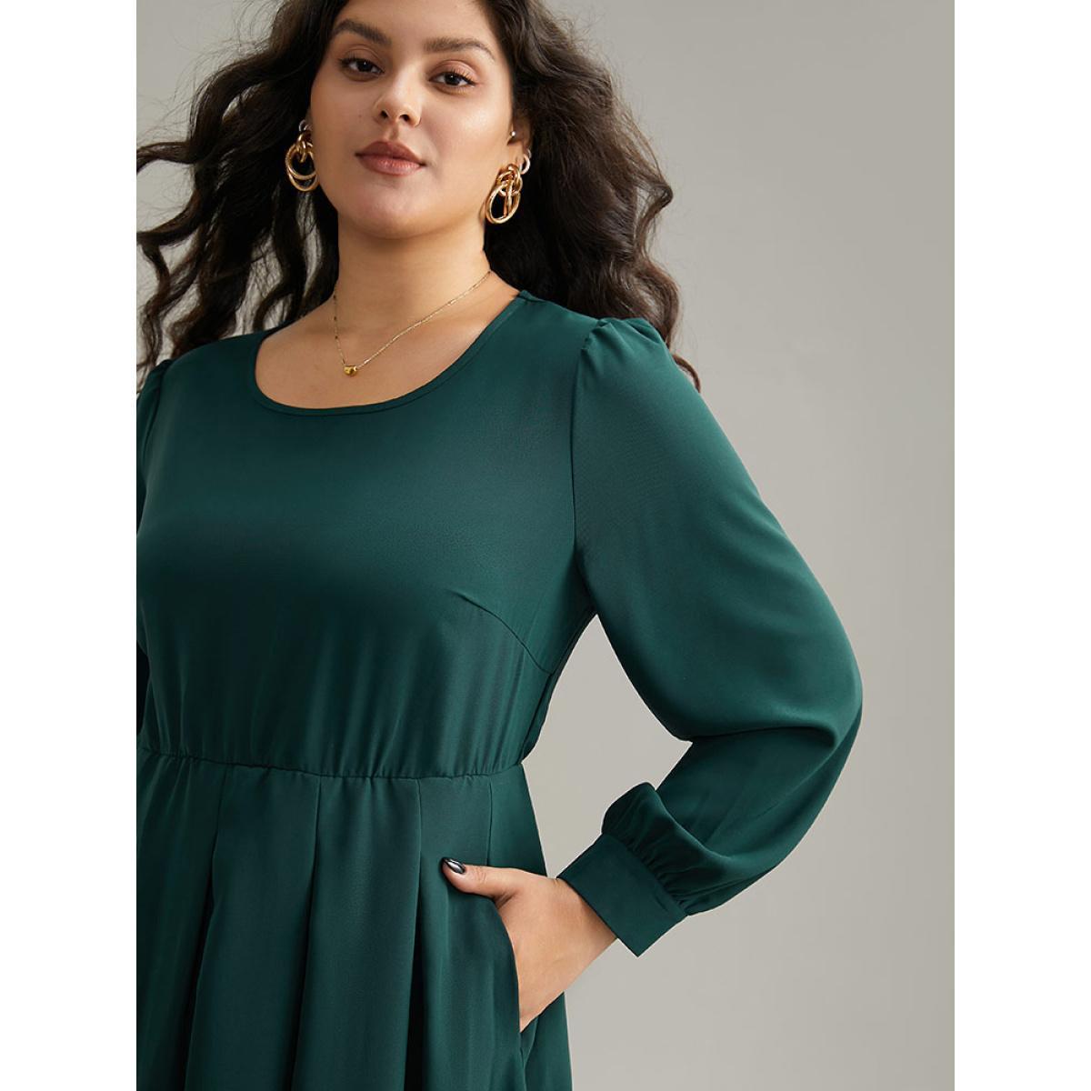 Plus Size Static-Free Plain Pleated Pocket Dress DarkGreen Women Elegant Plain Round Neck Long Sleeve Curvy Midi Dress BloomChic 10/M Product Image