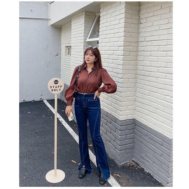 Plus Size High Waist Frayed Front-Slit Flared Jeans Product Image