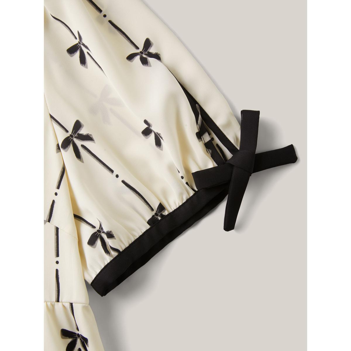 Plus Size Beige Bow Detail Printed Color Contrast Blouse Women Half Sleeve V-neck Everyday-Elegant Blouses BloomChic 26/4X Product Image