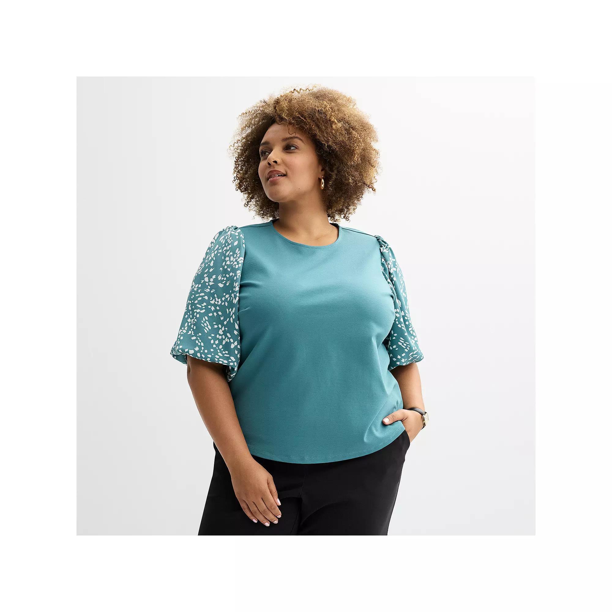 Plus Size Nine West Ponte Puff Sleeve Top, Women's, Size: 1XL, Blue Animal Product Image