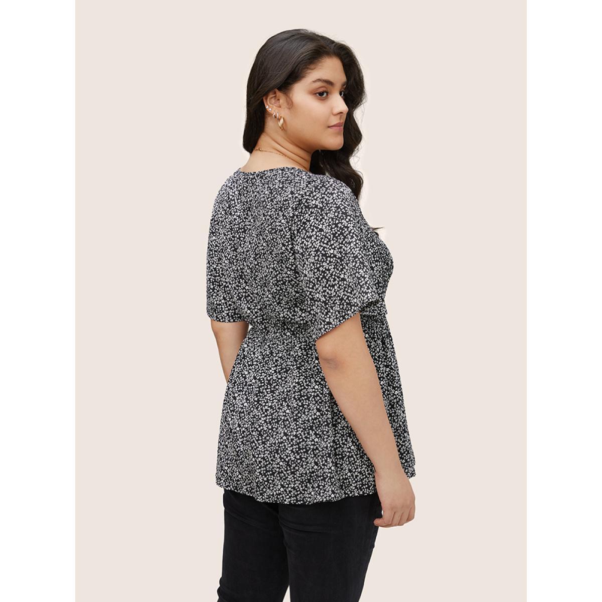 Plus Size Black Ditsy Floral Shirred Ruffle Sleeve Elastic Waist Blouse Women Elegant Short sleeve V-neck Everyday Blouses BloomChic 22-24/3X Product Image