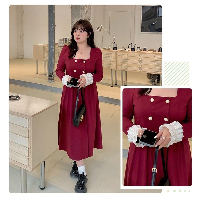 Plus Size Long-Sleeve Square Neck Double-Breasted Frill Trim Midi A-Line Dress Product Image