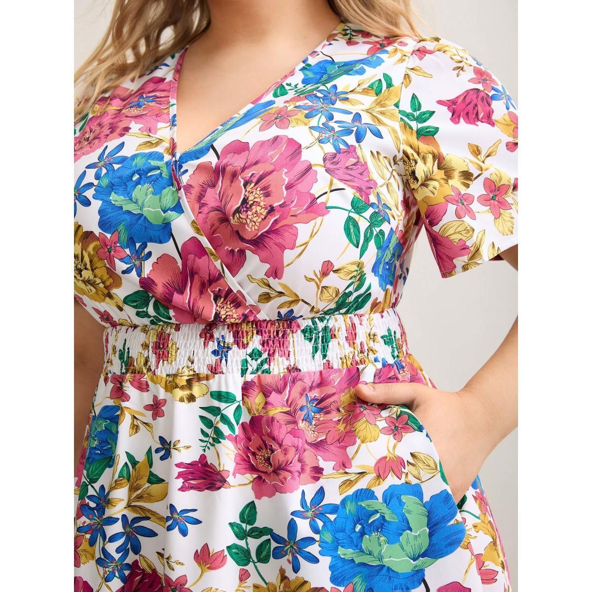 Plus Size Blooming Flowers Surplice Neck Pockets Dress Ivory Women Elegant Shirred Overlap Collar Short sleeve Curvy BloomChic 18-20/2X Product Image