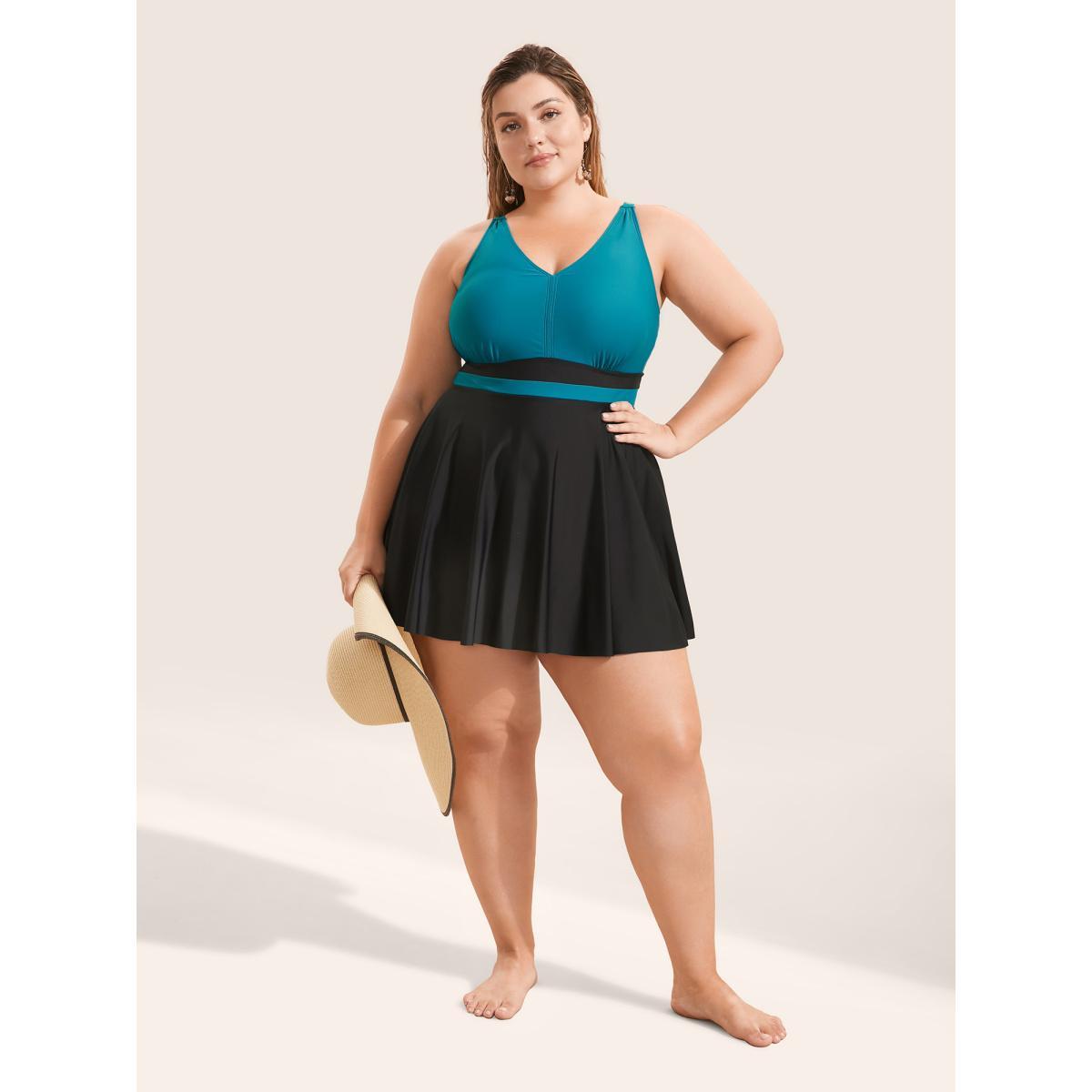 Plus Size V Neck Two Tone Patchwork Swim Dress Women's Swimwear Emerald Beach Bodycon V-neck High stretch Curve Swim Dresses BloomChic 28/5X Product Image