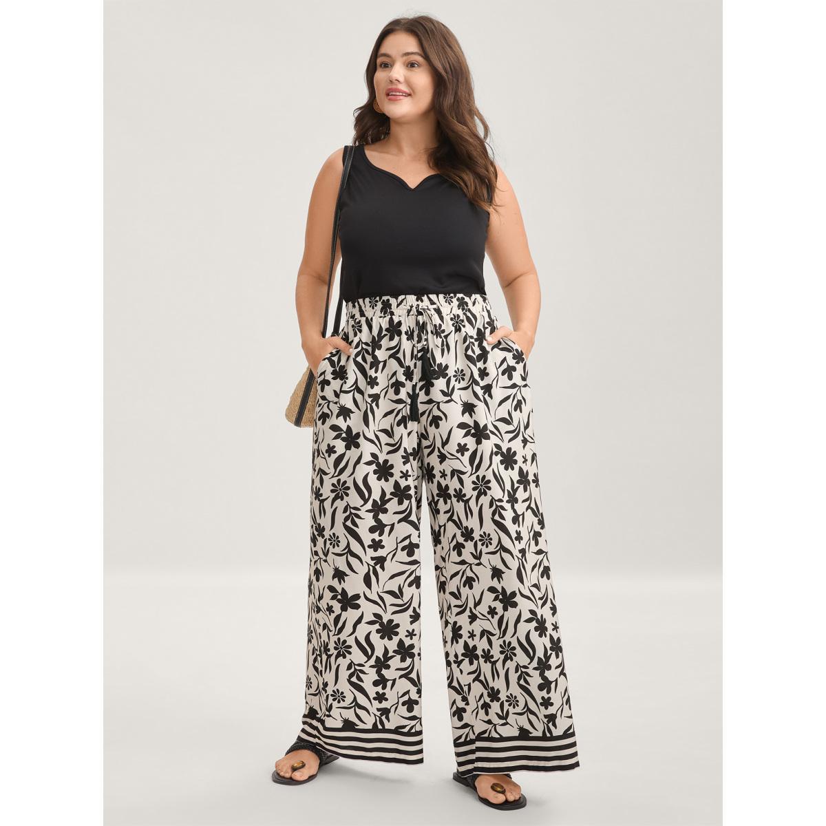 Plus Size Floral Print Wide-Leg Contrast Pants Women BlackFlower Resort Wide Leg Mid Rise Vacation Pants BloomChic 26/4X Product Image