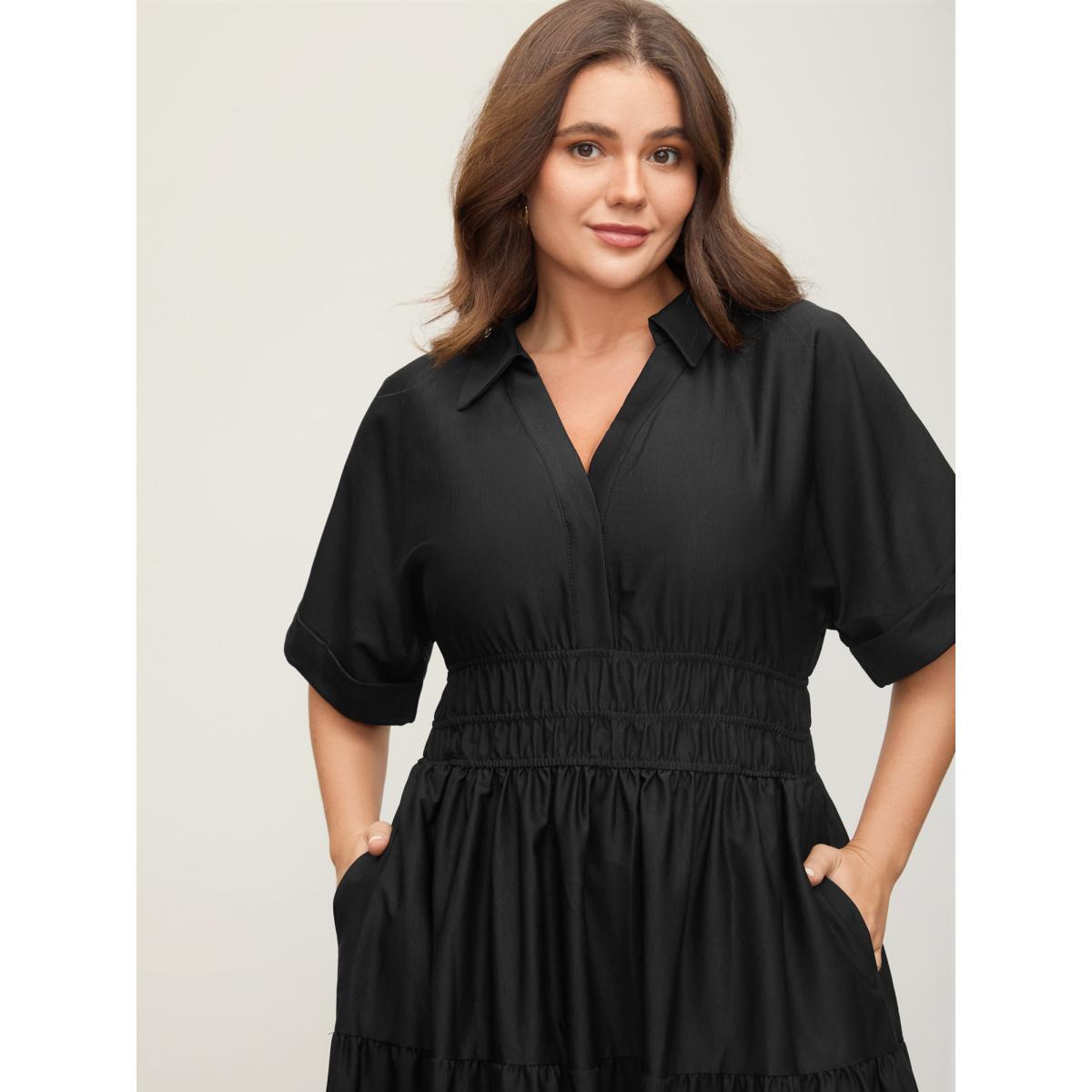 Plus Size Midfield Tiered Midi Shirt Dress Black Women At the Office Gathered Shirt collar Short sleeve Curvy BloomChic 26/4X Product Image