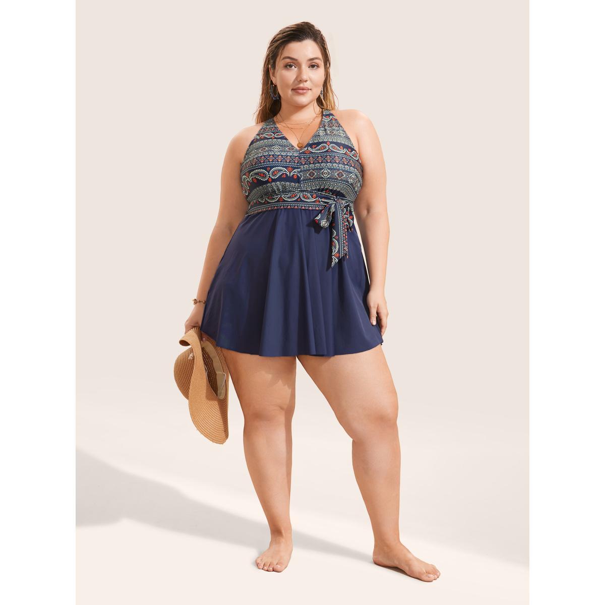 Plus Size Bandana Print Ties Knotted Patchwork Swim Dress Women's Swimwear Indigo Beach Bodycon Deep V-neck High stretch Curve Swim Dresses BloomChic 28/5X Product Image
