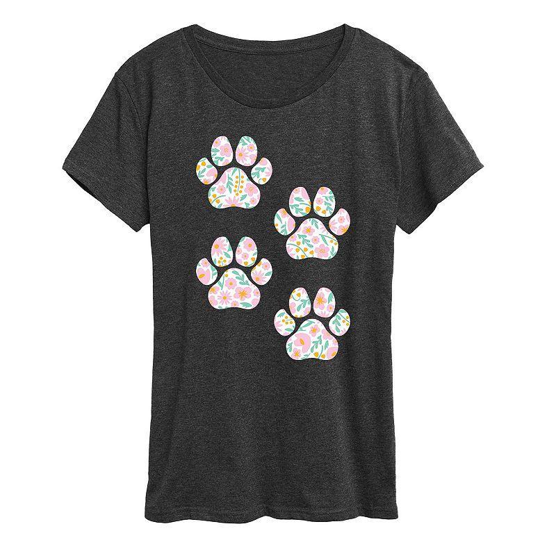 Womens Floral Dog Paw Prints Graphic Tee Heather Grey Product Image