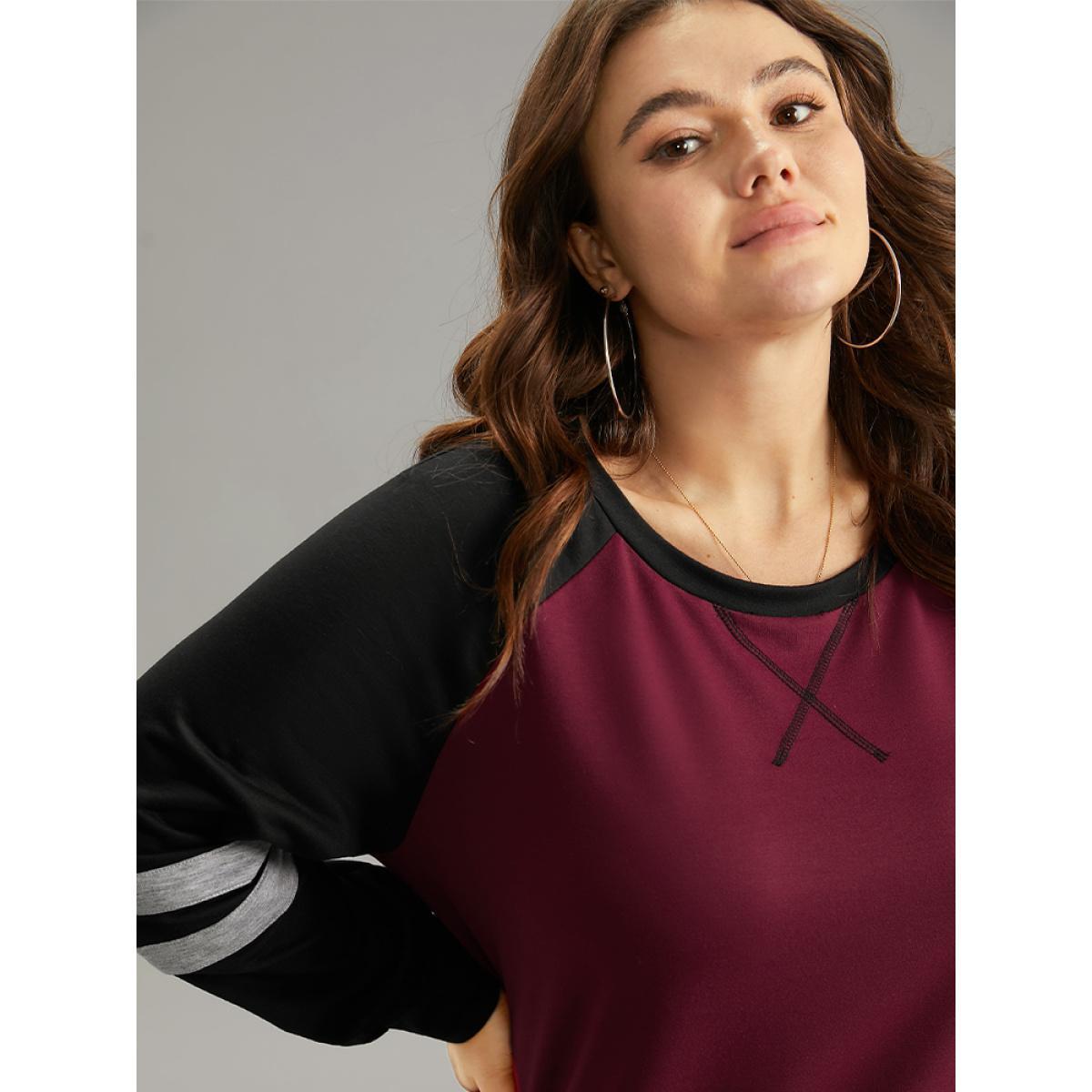 Plus Size Striped Contrast Raglan Sleeve Stitch Sweatshirt Women Burgundy Casual Contrast Round Neck Everyday Sweatshirts BloomChic 18-20/2X Product Image