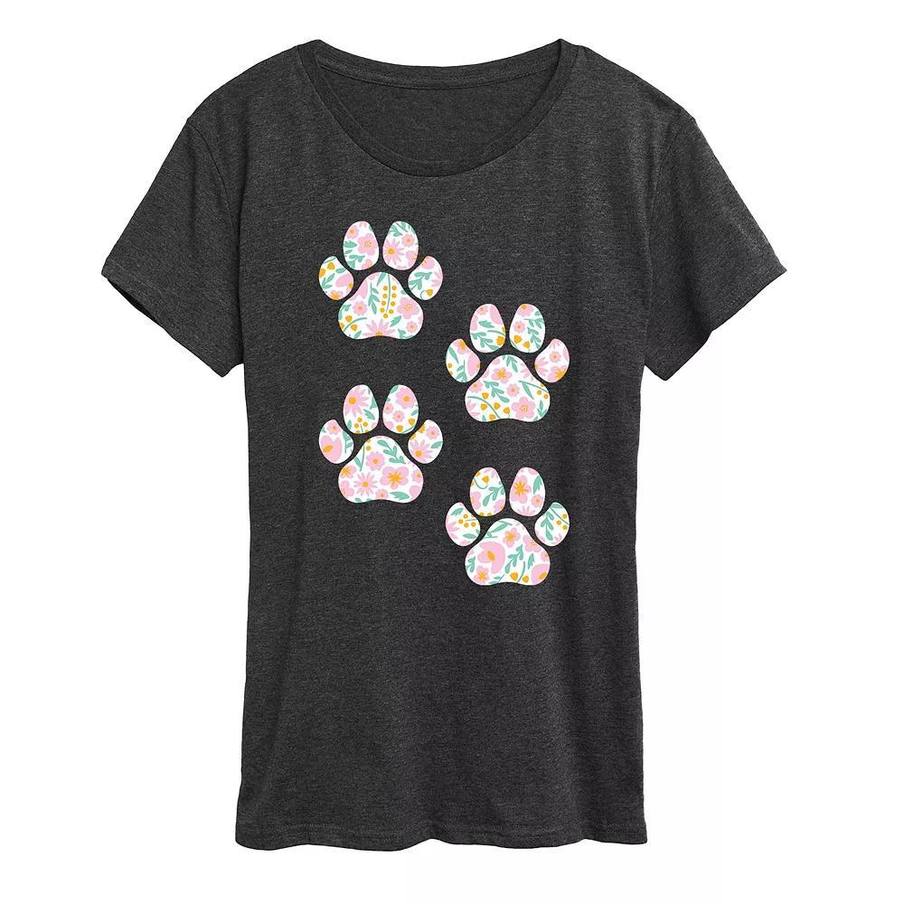 Womens Floral Dog Paw Prints Graphic Tee Heather Grey Product Image