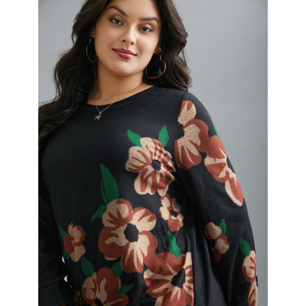 Plus Size Round Neck Floral Print Fitted Sweatshirt Women Black Casual Non Round Neck Everyday Sweatshirts BloomChic 18-20/2X Product Image