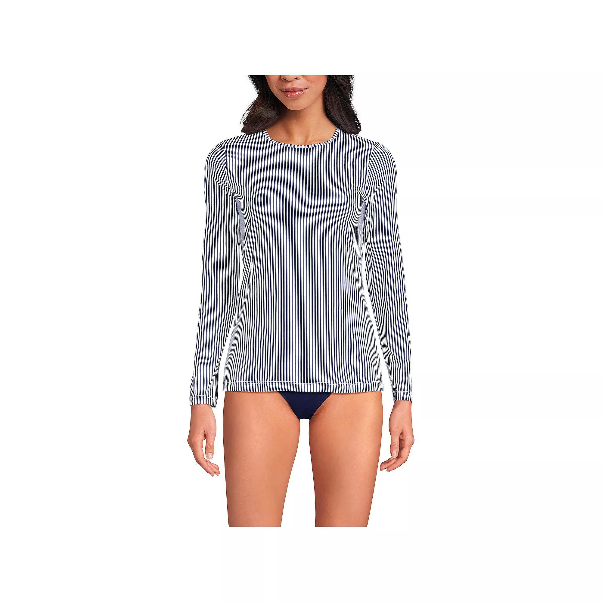 Women's Lands' End UPF 50 Long Sleeve Rash Guard, Size: Large, Blue Mini Stripe Product Image