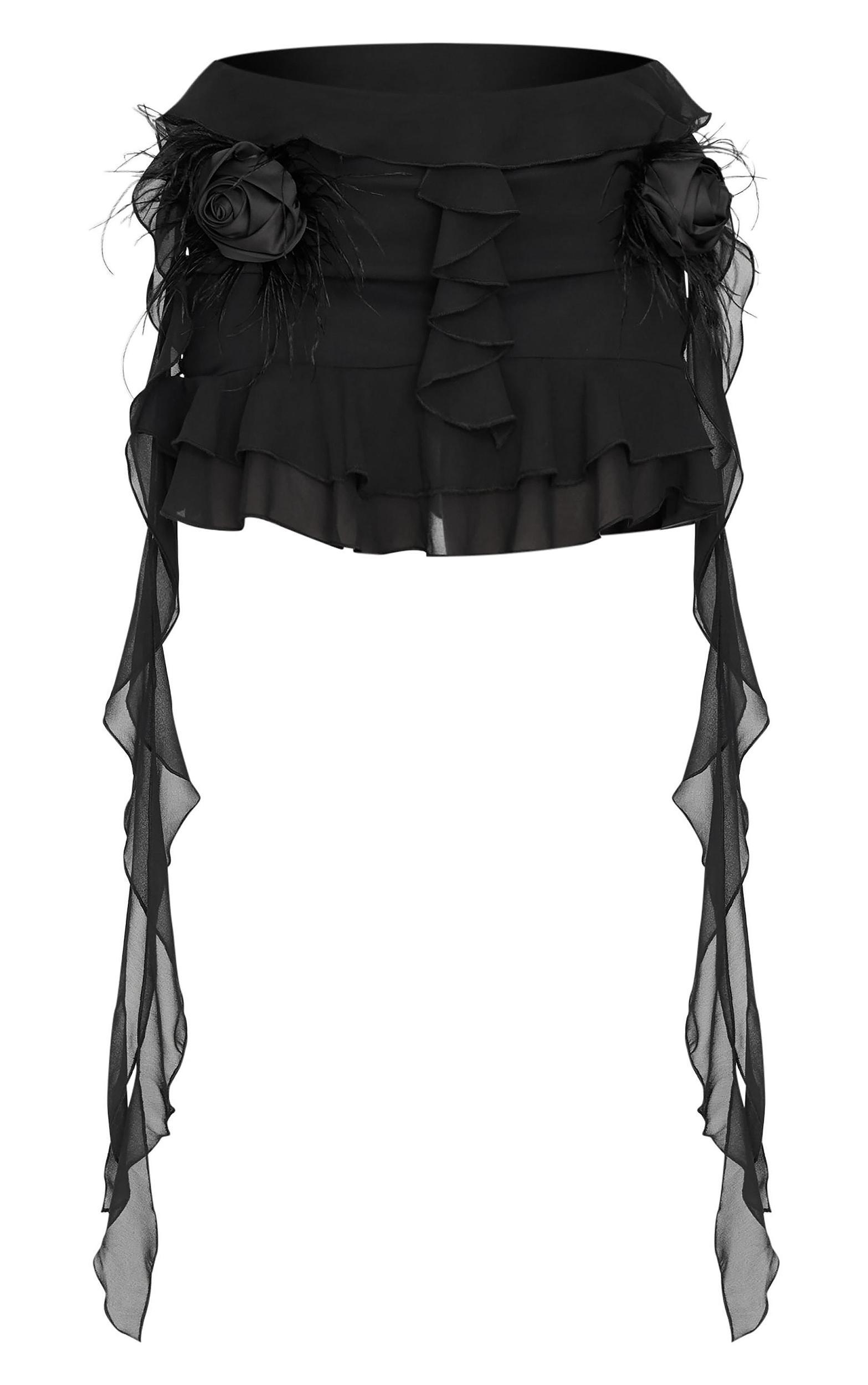 Black Chiffon Ruffle Corsage Detail Micro Mini Skirt Product Image