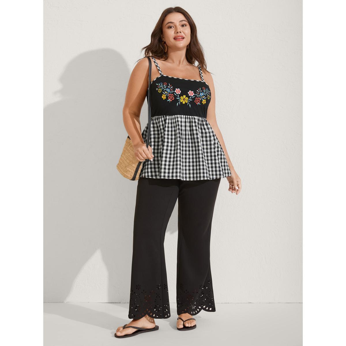 Plus Size Floral Embroidered Plaid Shirred Tank Top Women Black Gathered Non Vacation Tank Tops Camis BloomChic 12/L Product Image