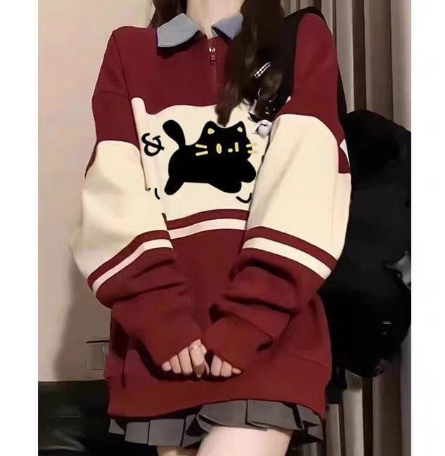 Long-Sleeve Half Zip Collared Two Tone Cat Print Polo Shirt Product Image