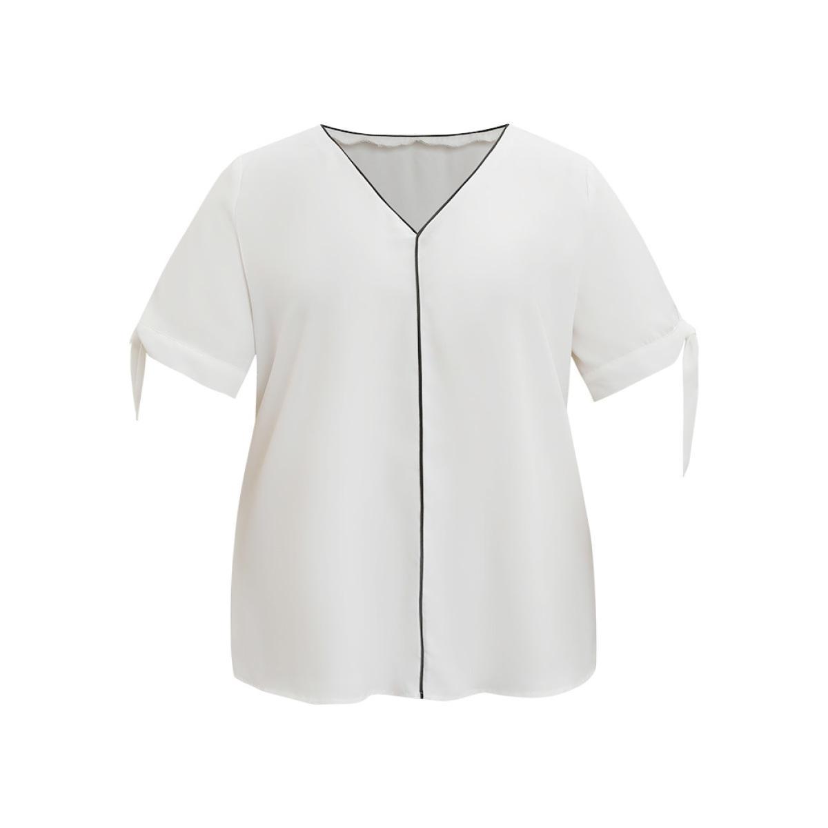 Plus Size Ivory Contrast Trim Knot High Low Hem Blouse Women Office Short sleeve V-neck Work Blouses BloomChic 30/6X Product Image