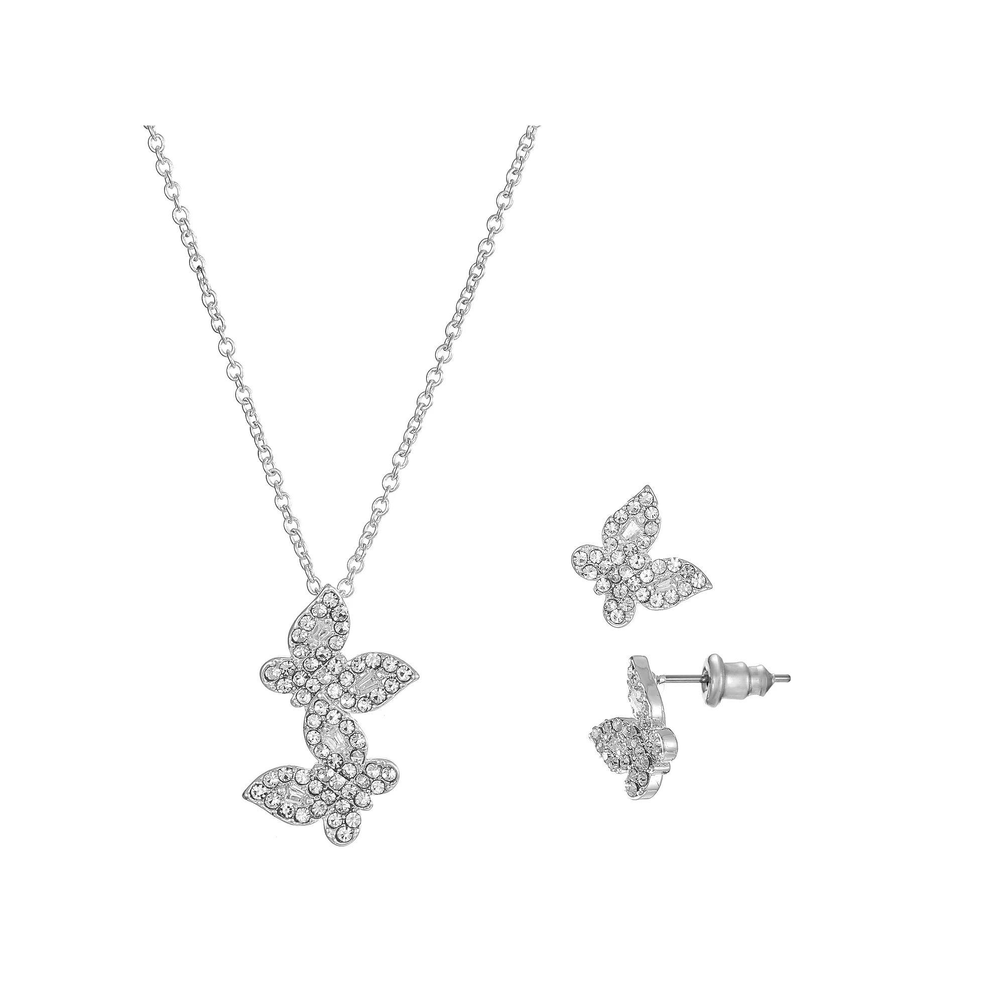Silver Tone Cubic Zirconia Butterfly Pendant Necklace & Stud Earrings Set, Women's, Size: 18+3", Silver Tone Clear Product Image