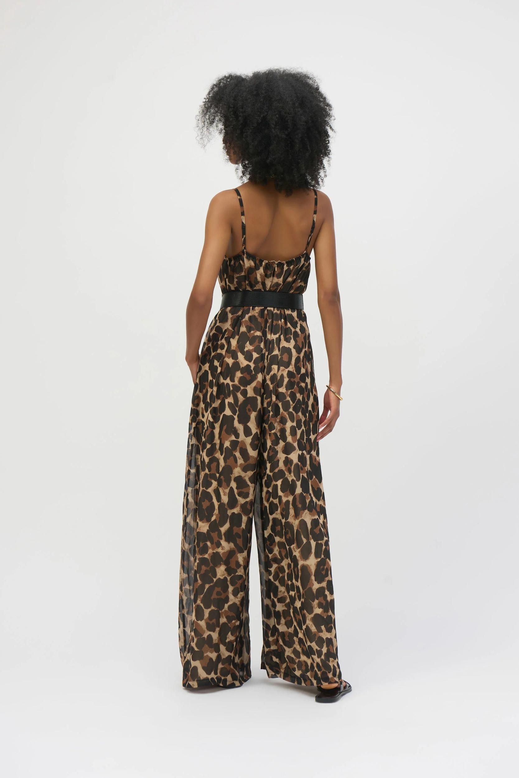 Chiffon Animal Print Wide Leg Jumpsuit- Beige/Black Product Image
