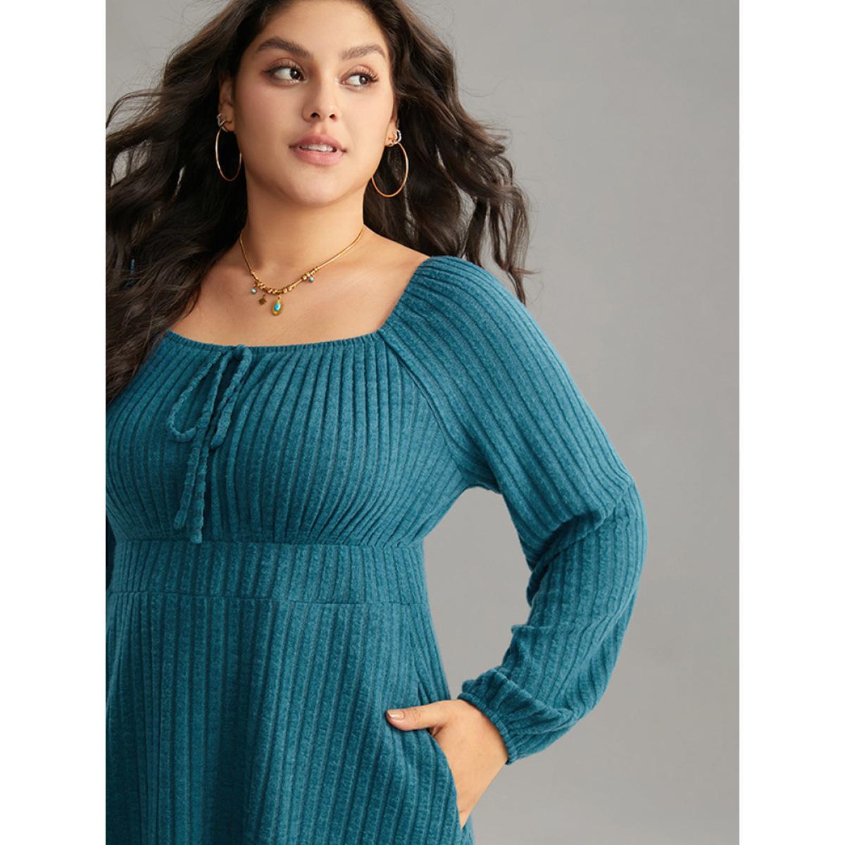 Plus Size Rib Knit Ties Square Neck Lantern Sleeve Dress Aegean Women Casual Elastic cuffs Square Neck Long Sleeve Curvy Midi Dress BloomChic 30/6X Product Image