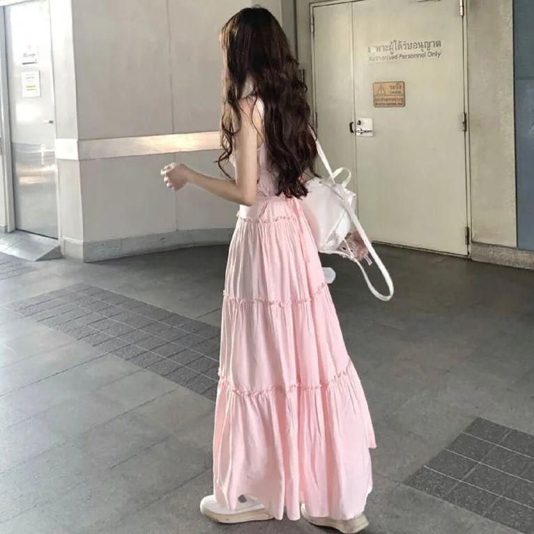 Spaghetti Strap Plain Tiered Button Maxi A-Line Dress Product Image