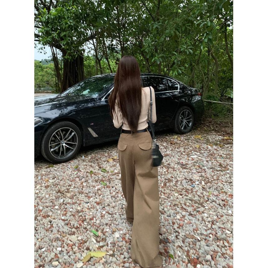 Long-Sleeve V-Neck Plain Slim Fit Knit Top / High Rise Wide Leg Pants Product Image