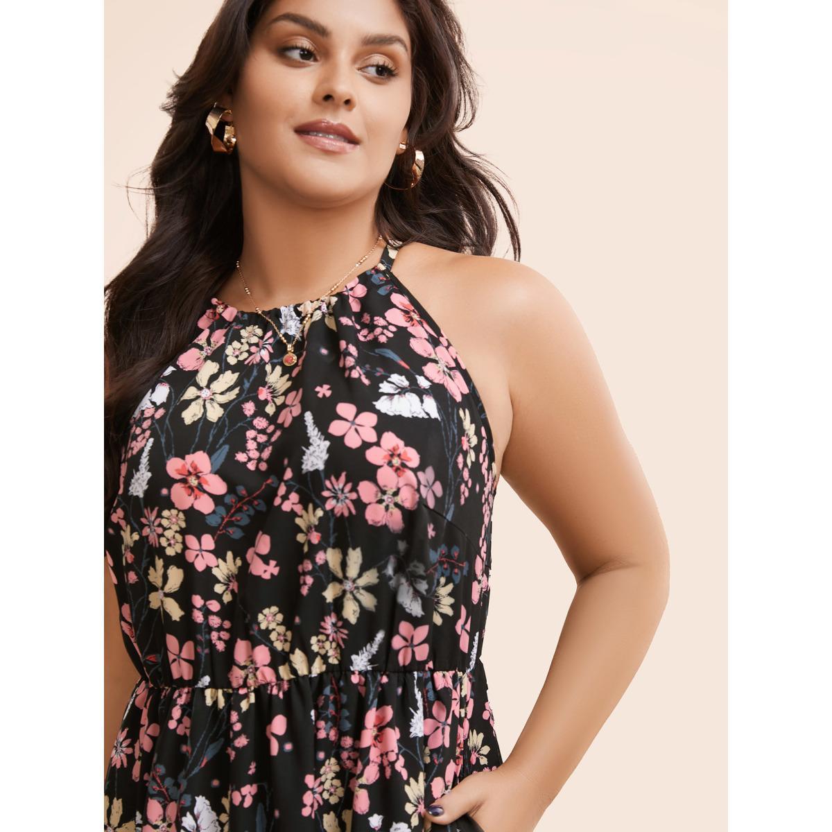 Plus Size Floral Halter Neck Ruffle Hem Dress Black Women Elegant Gathered Halter neck Sleeveless Curvy BloomChic 30/6X Product Image