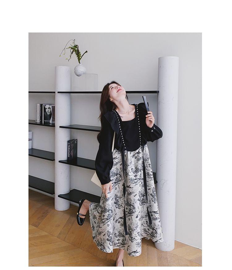 Long-Sleeve Square Neck Mock Two-Piece Print Ruffle Trim Midi A-Line Dress Product Image