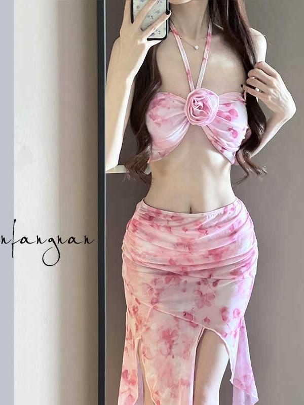 Set: Floral Print Bikini Top + Bottom + Cover-Up Skirt Product Image