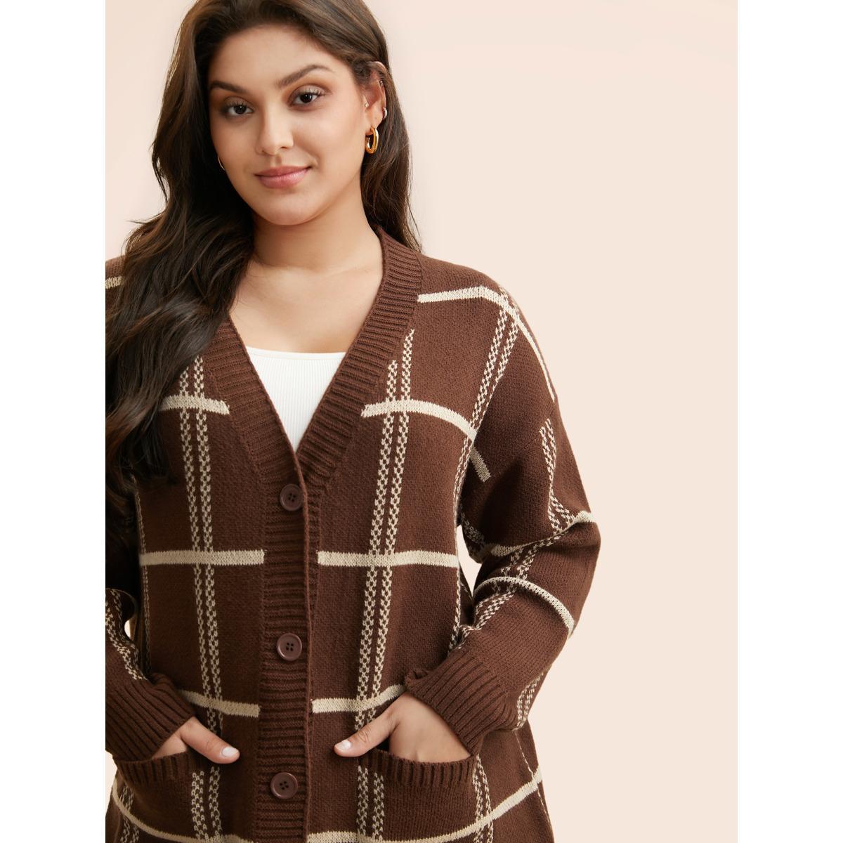 Plus Size Plaid Button Up Pocket Cardigan Browncoffeecolor Women Casual Loose Long Sleeve Everyday Cardigans BloomChic 26/4X Product Image