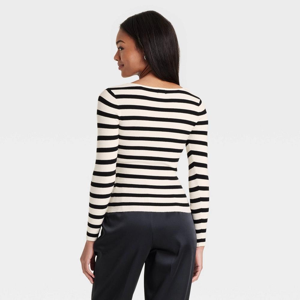 Womens Square Neck Pullover Sweater - A New Day Black/Cream Striped XL Product Image