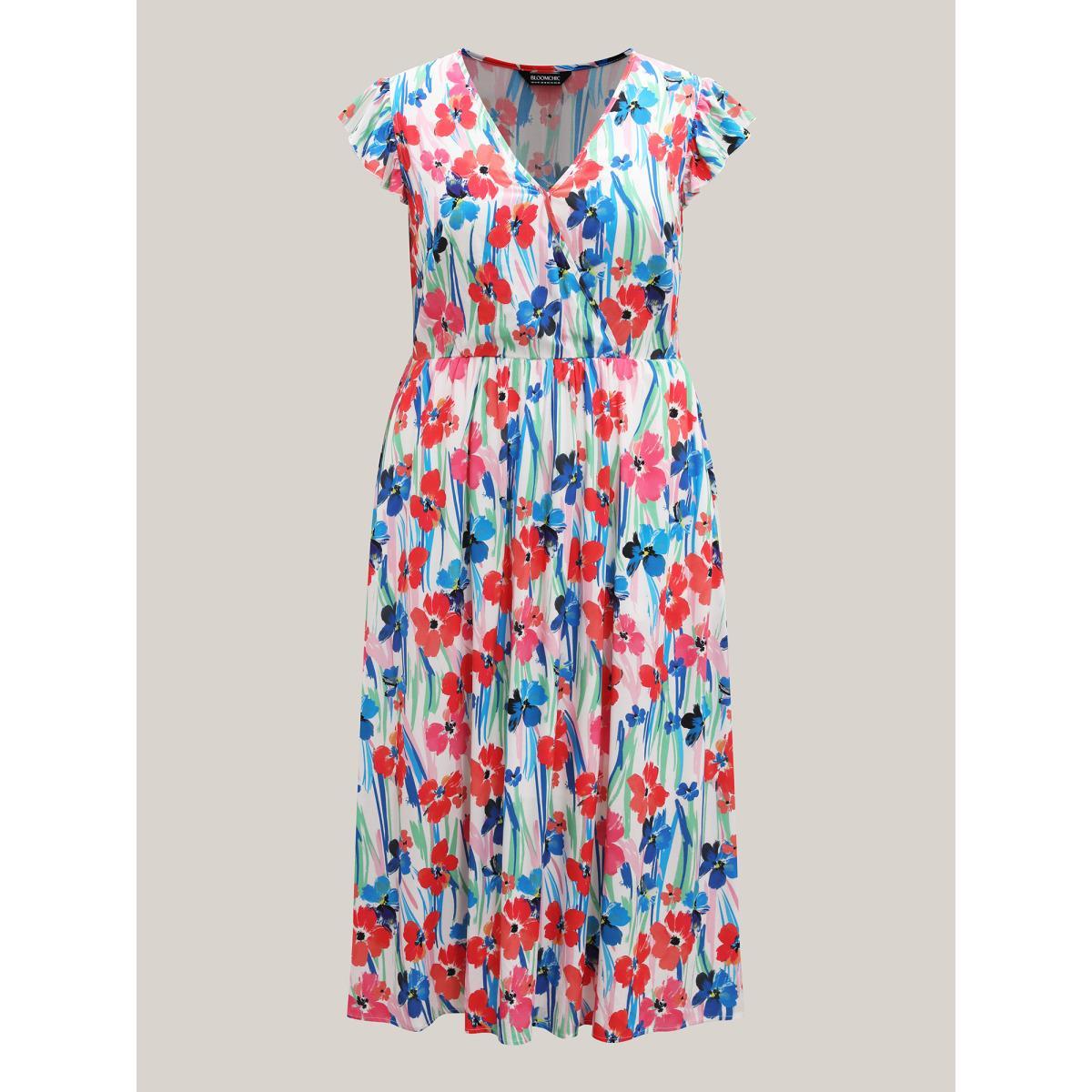 Plus Size Rayon Floral Print Surplice Pockets Midi Dress Multicolor Women Overlap Collar Cap Sleeve Curvy BloomChic 28/5X Product Image