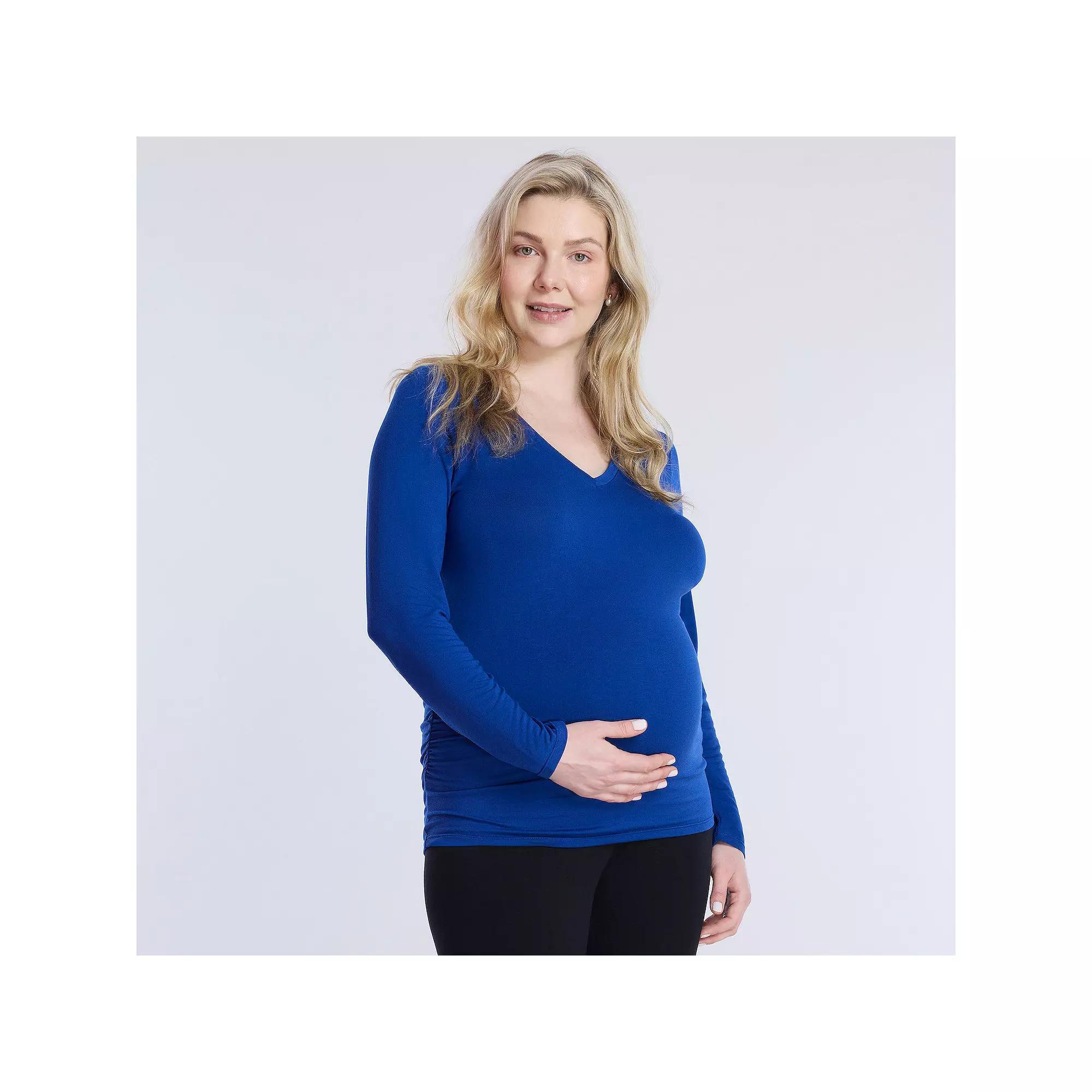 Maternity Motherhood® V-Neck Side Ruched Long Sleeve Tee, Women's, Size: Medium-Mat, White Product Image