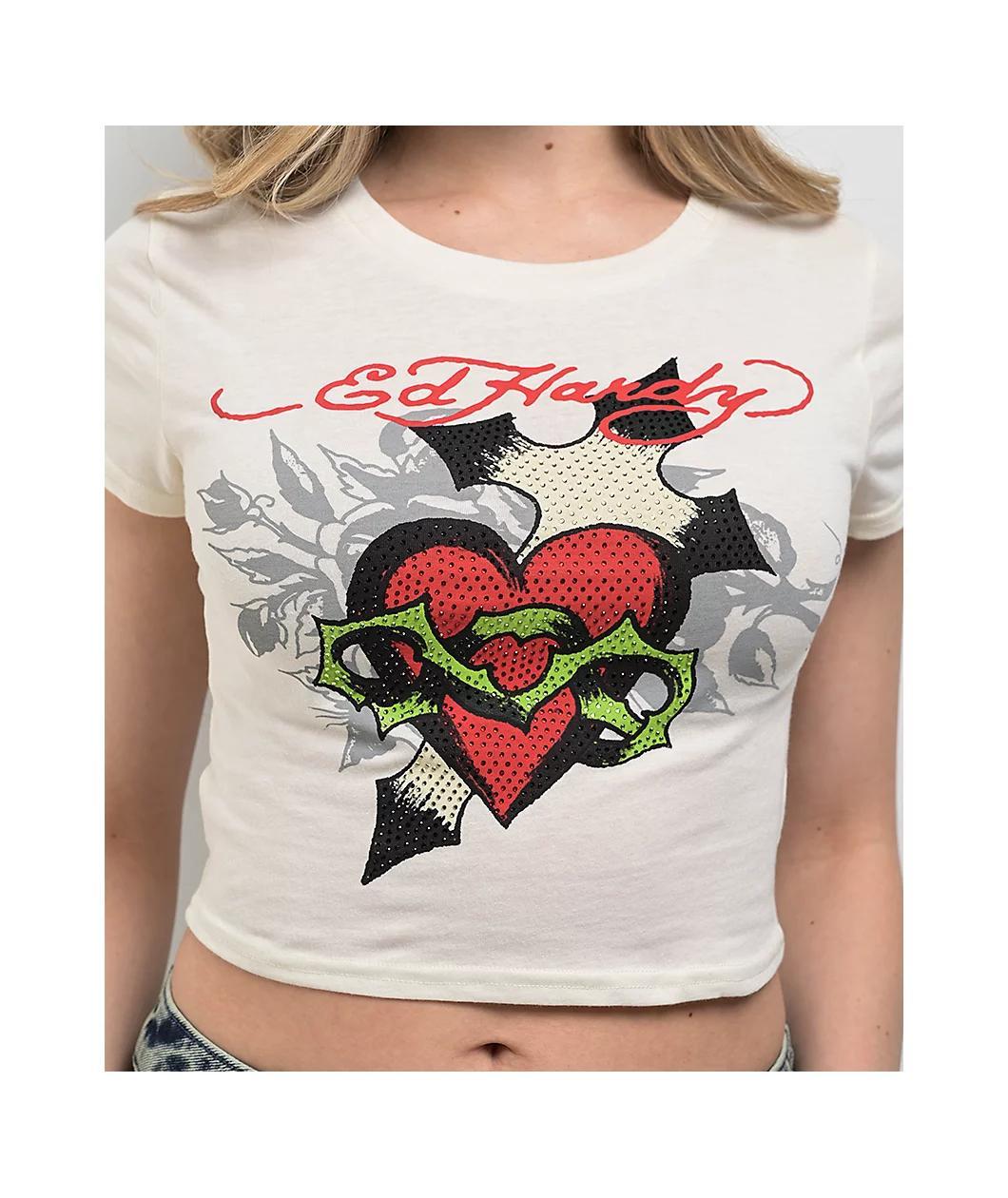 Ed Hardy Cross Heart Ivory Crop T-Shirt Product Image