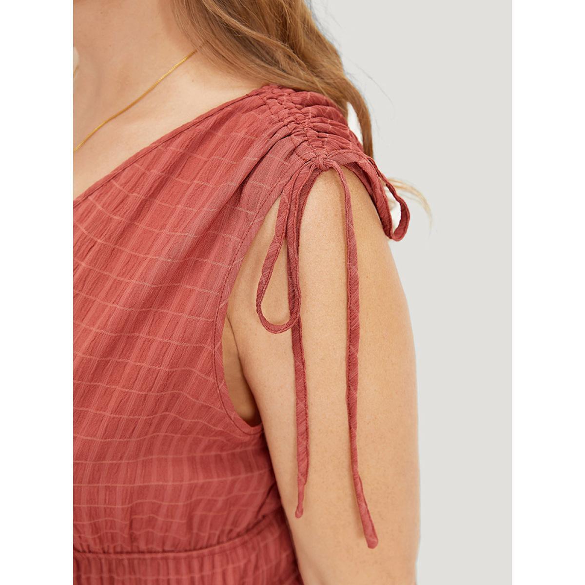 Plus Size V Neck Drawstring Sleeveless Pocket Elastic Waist Dress Coral Women Elegant Gathered V-neck Sleeveless Curvy Midi Dress BloomChic 10/M Product Image