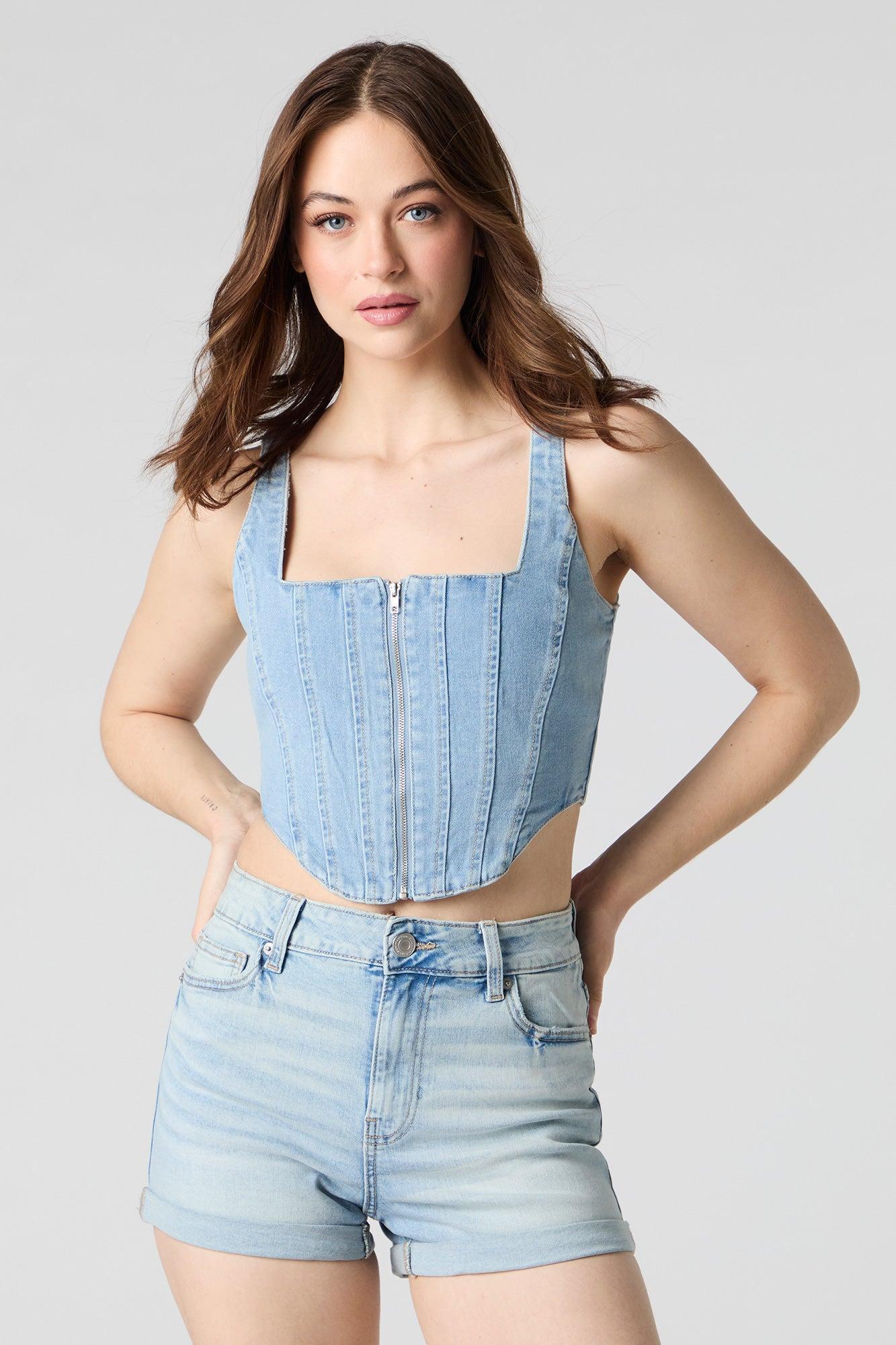 Denim Zip-Up Bustier Top Female Product Image