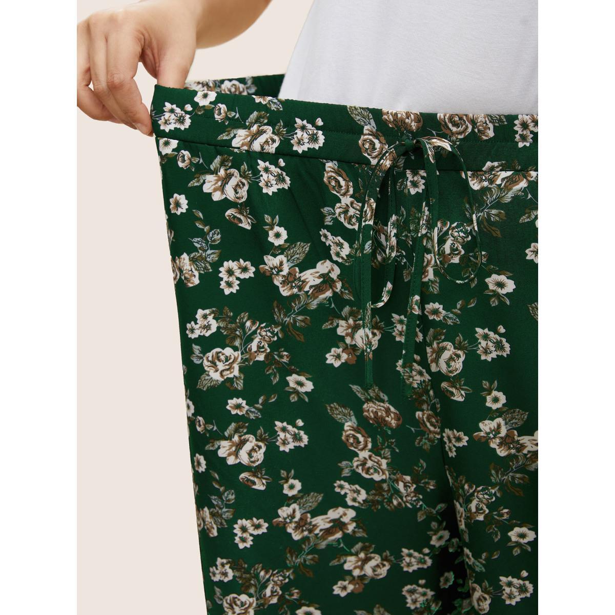 Plus Size Ditsy Floral Ties Split Hem Wide Leg Pants Women Emerald Resort Wide Leg High Rise Vacation Pants BloomChic 12/L Product Image