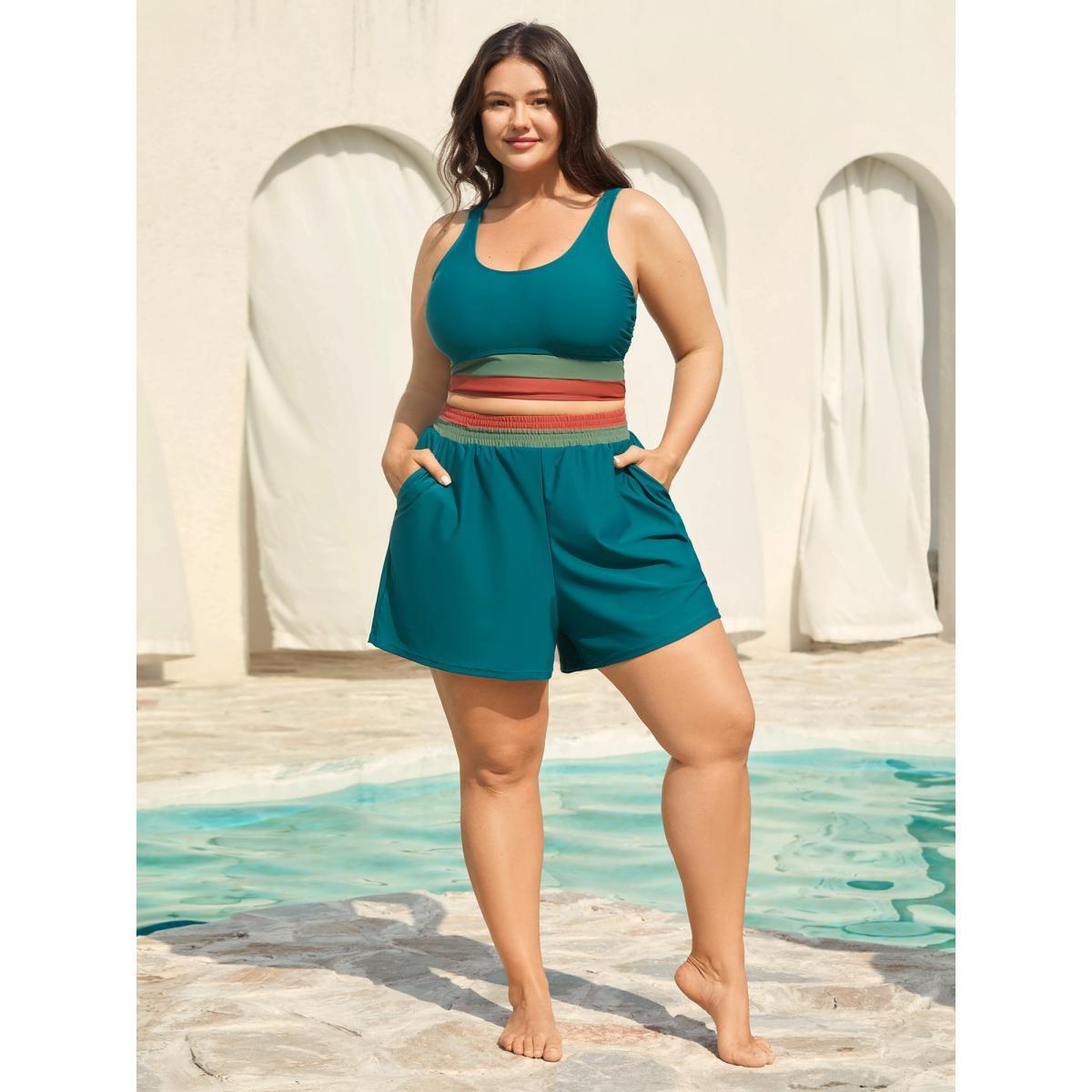 Plus Size Colorful Hem Scoop Neck Swim Top Women's Swimwear Cyan Beach Contrast High stretch Skinny U-neck Curve Swim Tops BloomChic 18-20/2X Product Image