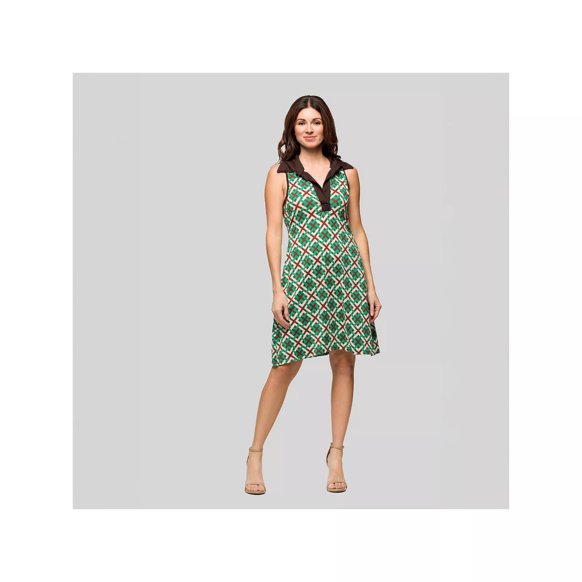 Women's 24Seven Comfort Apparel Collared Brown & Green Sleeveless Mini Dress, Size: Small, Green Team Product Image