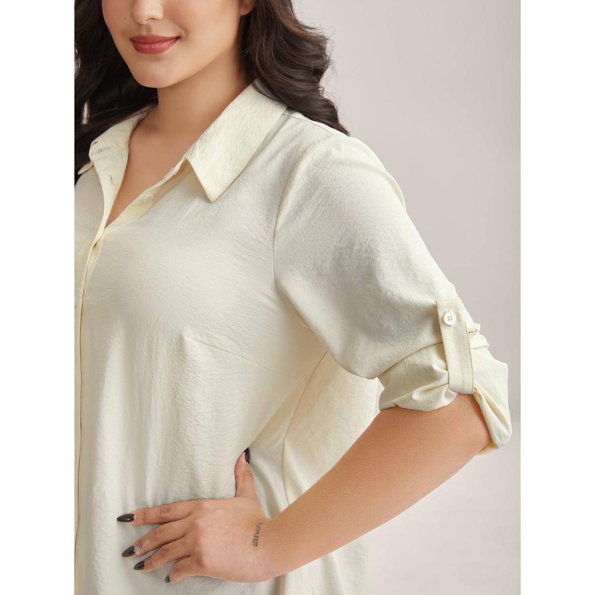 Plus Size Beige Bow Back Button Placket Solid Blouse Women Long Sleeve Shirt collar Everyday-Casual Blouses BloomChic 10/M Product Image