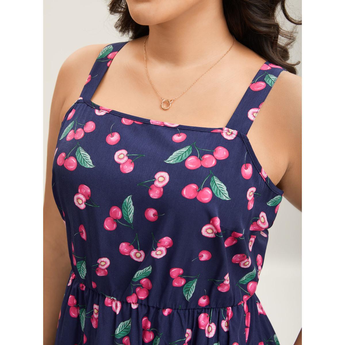 Plus Size Cherry Print Stretchy Waist Pockets Midi Dress Navy Women Elegant Non Non Sleeveless Curvy BloomChic 28/5X Product Image