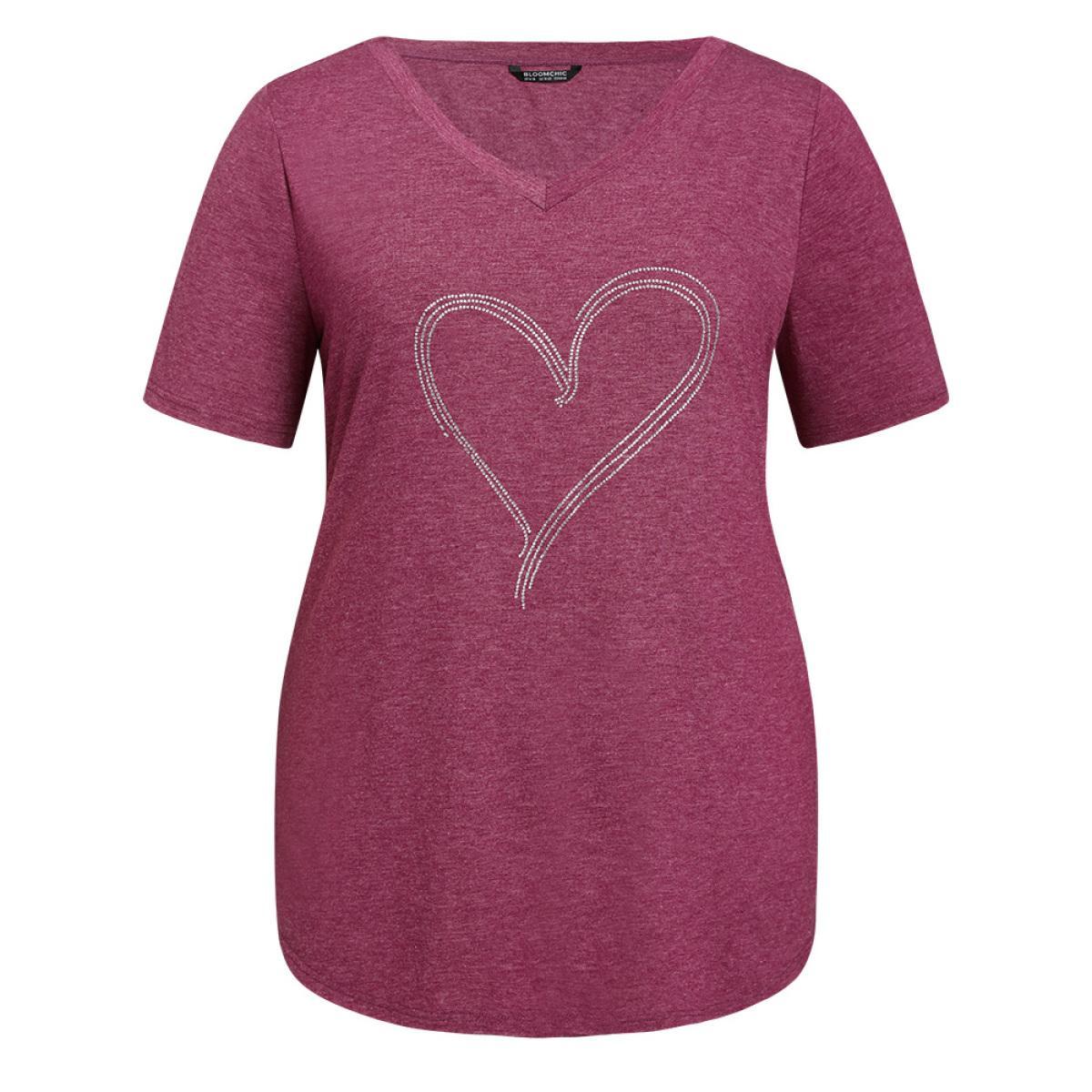 Plus Size Solid Heart Rhinestone V Neck T-shirt RedViolet Women Casual Plain Heart Print Dailywear T-shirts BloomChic 18-20/2X Product Image