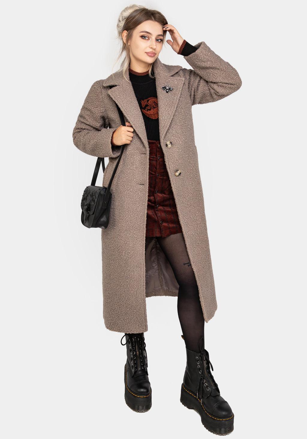 Gorgon Bouclé Longline Oversized Coat with Bee Brooch - Taupe Product Image